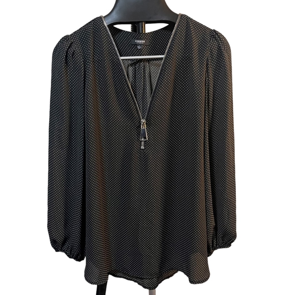 Premise studio 1/4 zip flows tunic top women ox black white polka long sleeeve